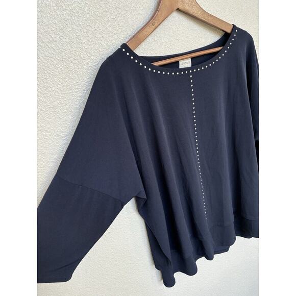 Chico's navy blue layered blouse 2/medium 3/4 sleeve relaxed studded date career - Picture 2 of 5